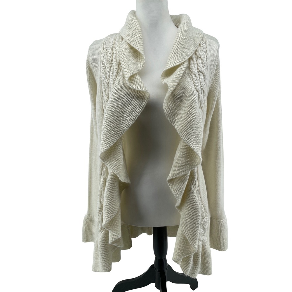 Ruffle Cardigan Sweater Womens Large Ivory Cottagecore Romantic Boho Cable Knit
